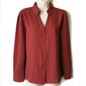 NWOT Alfani Crepe Button Down Long Sleeve Blouse S Brick Red
